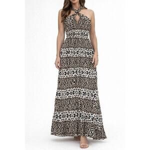 A.L.C. Leopard Print Silk Chiffon Keyhole Halter Long Maxi Dress Size Small